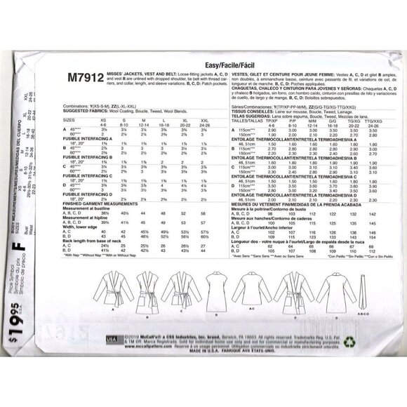 McCall's M7912 Misses L to XXL Jacket, Vest and Belt Uncut Sewing Pattern New - Picture 2 of 2